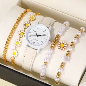 White and Gold Watch with Floral Bracelet Set